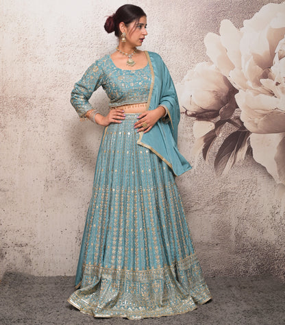 Light Blue Fully Embroidered Chinnon Silk Designer Lehenga Choli Set for Women