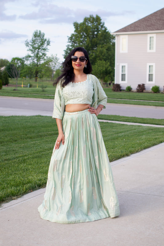 Mint Green, Mirror Work, Benarasi Georgette, Jacket Style