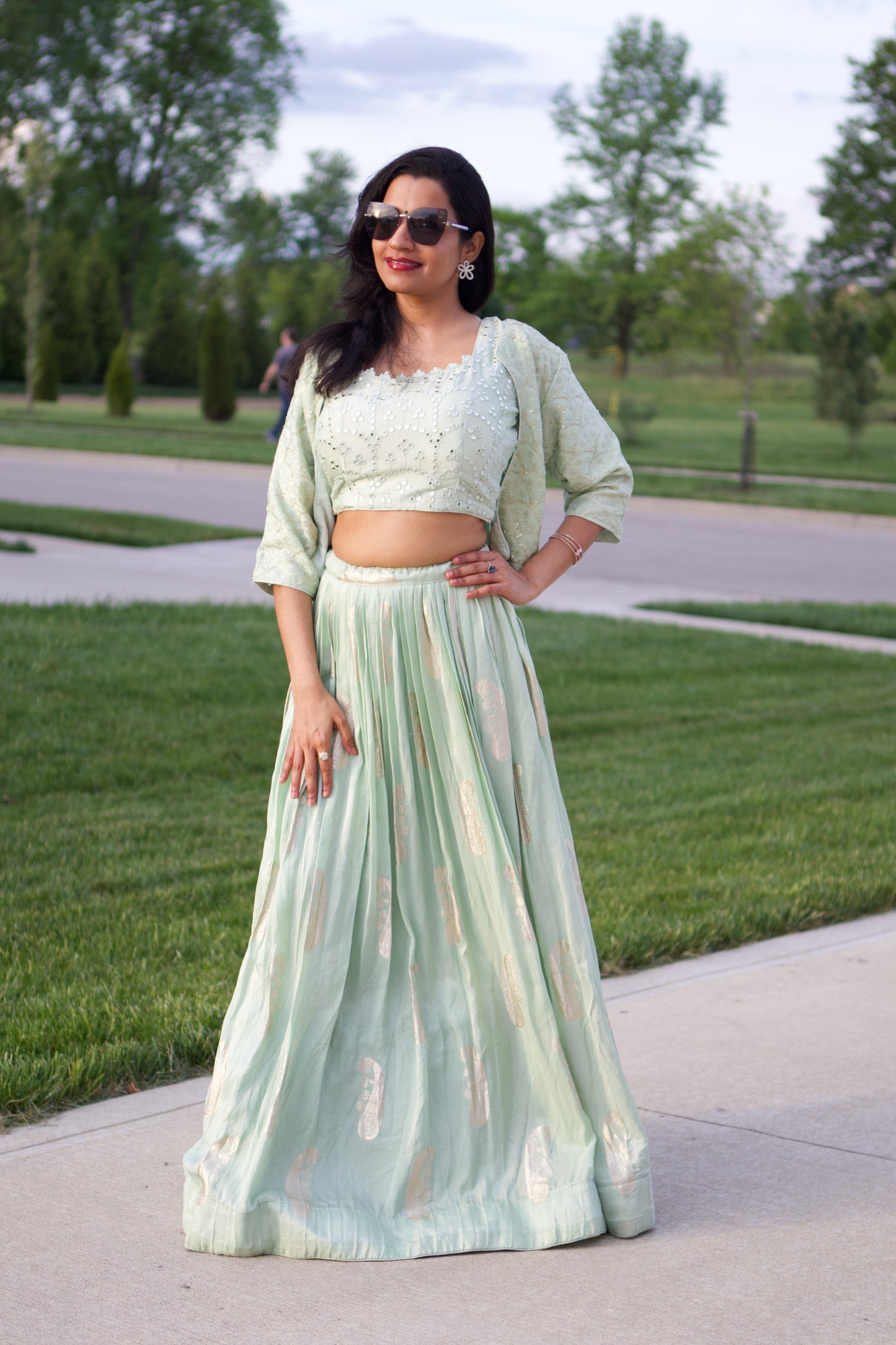 mint green, mirror work, benarasi georgette, jacket style