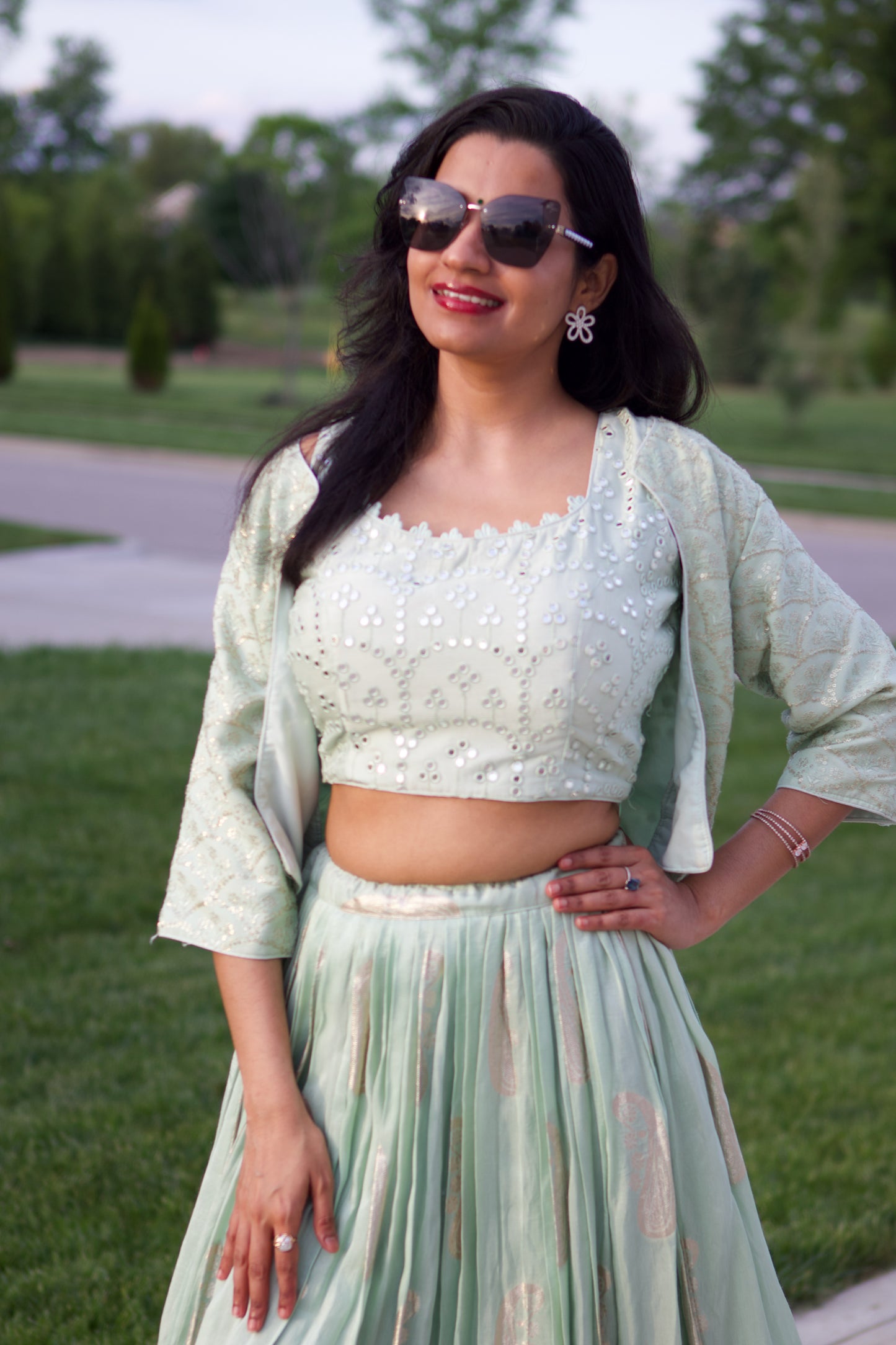 mint green, mirror work, benarasi georgette, jacket style