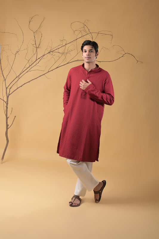 Maroon Self Embroidered Cotton Kurta-Pyjama set for Men