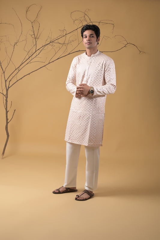 Light Peach Embroidered Cotton Kurta-Pyjama Set for Men