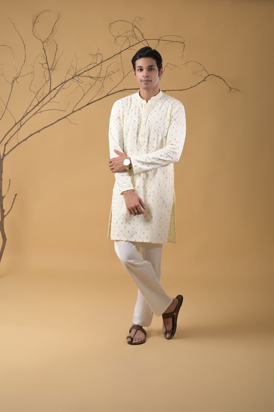 Lemon-Yellow Embroidered Cotton Kurta-Pyjama Set for Men