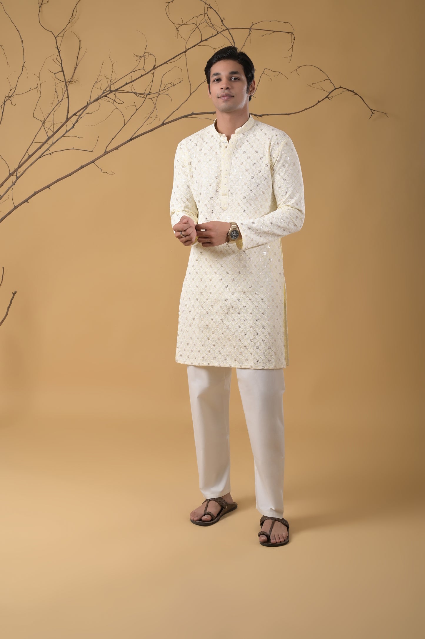 lemon-yellow embroidered cotton kurta-pyjama set for men