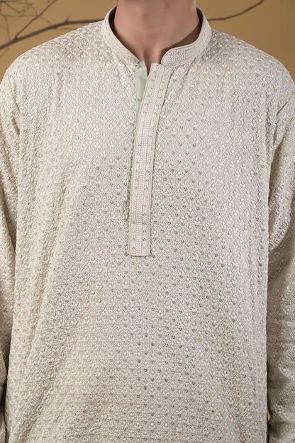 Pista-Green Embroidered Cotton Kurta-Pyjama Set For Men