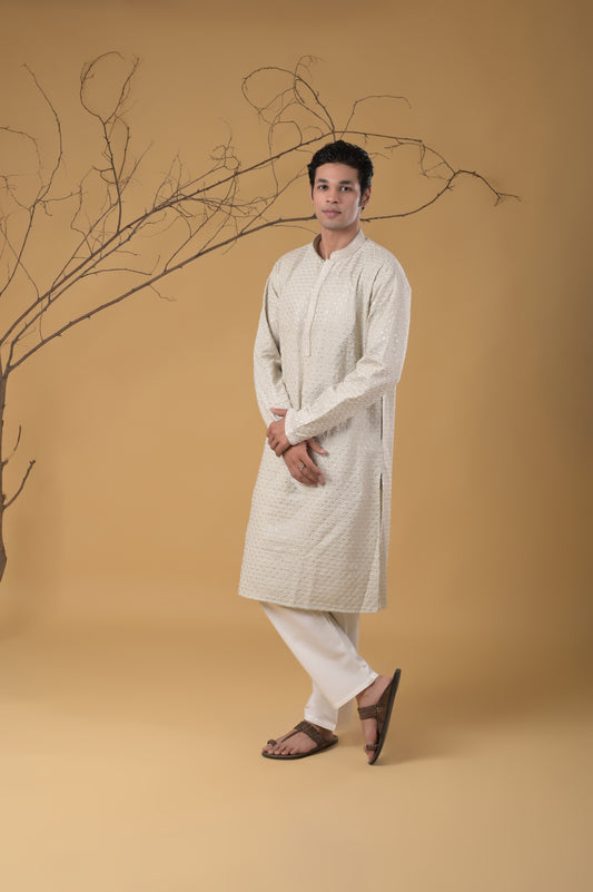 Pista-Green Embroidered Cotton Kurta-Pyjama Set For Men