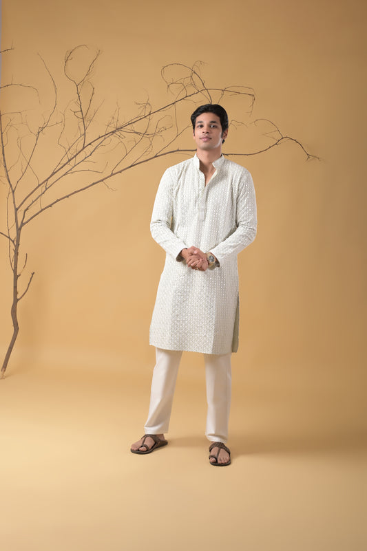 Pista-Green Embroidered Cotton Kurta-Pyjama Set for Men