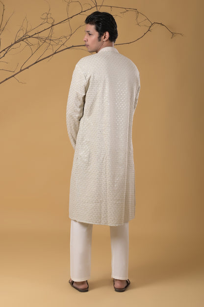 Pista-Green Embroidered Cotton Kurta-Pyjama Set For Men