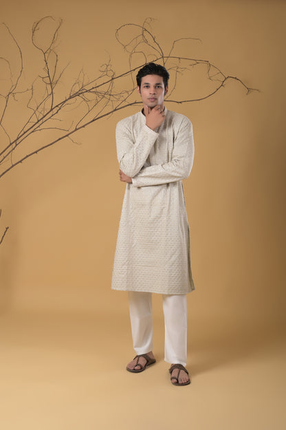 Pista-Green Embroidered Cotton Kurta-Pyjama Set For Men