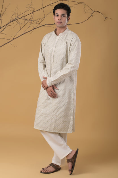 Pista-Green Embroidered Cotton Kurta-Pyjama Set For Men