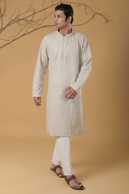 Pista-Green Embroidered Cotton Kurta-Pyjama Set For Men