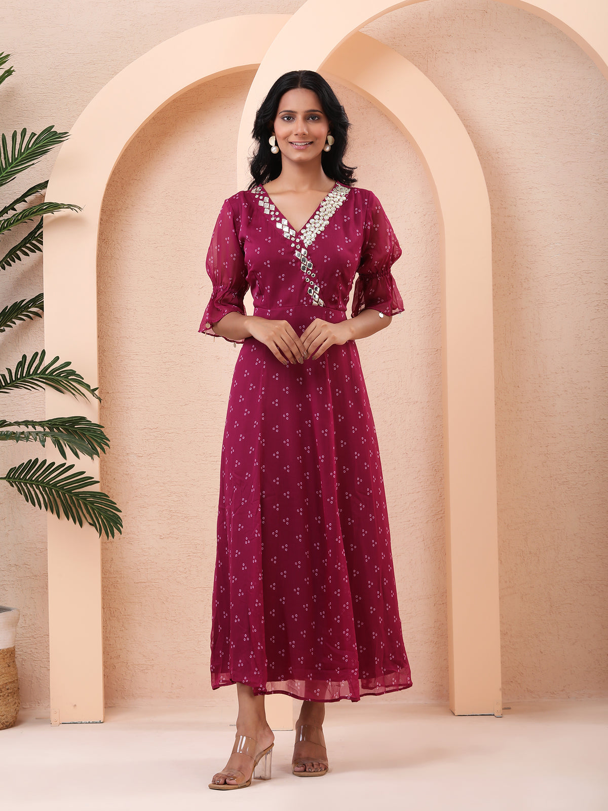 Magenta Midi Dress for Women – Mirror Work & Puff Sleeve Design Magenta / Viscose / S