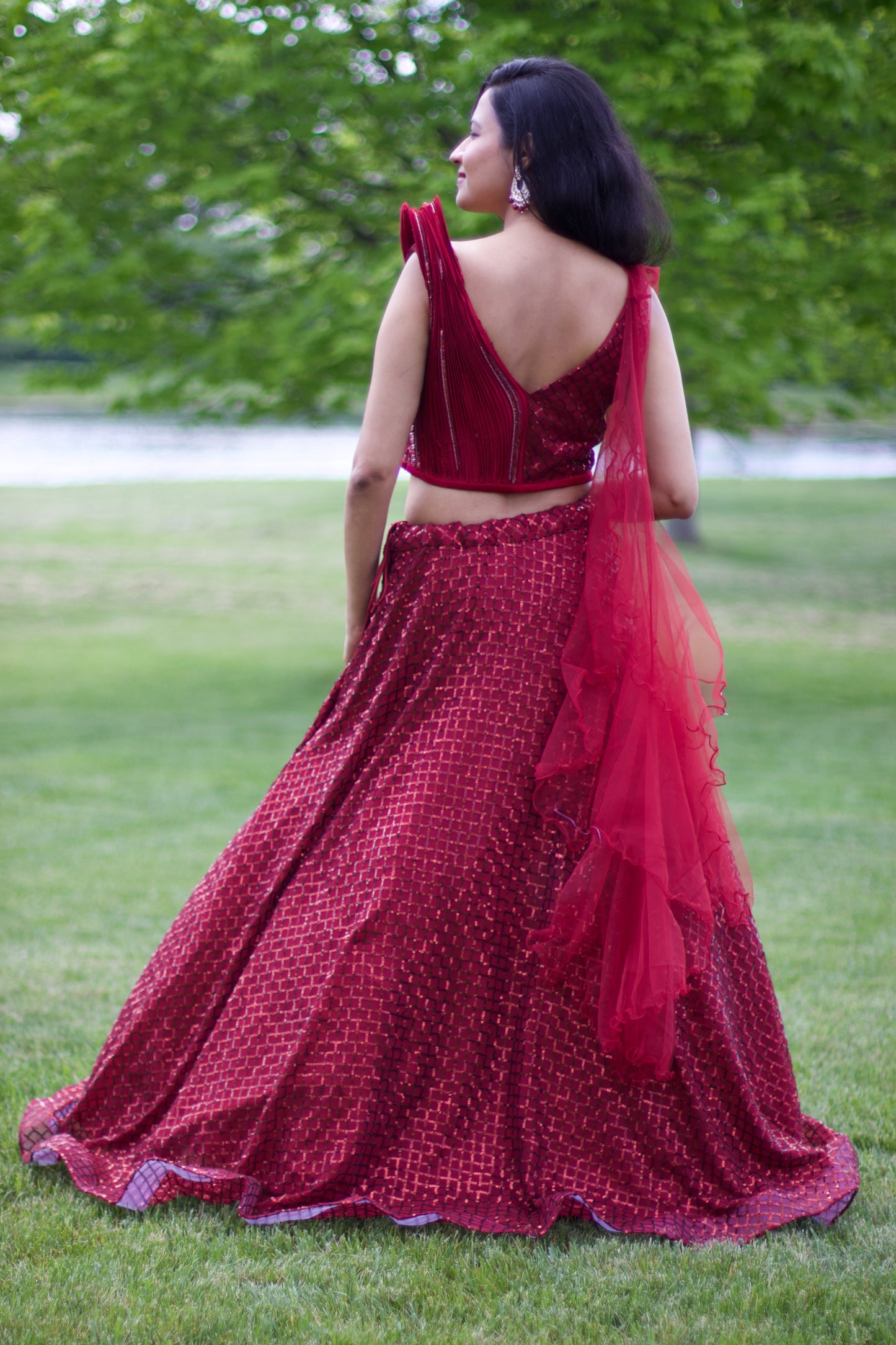 marroon, séquence embroidered, ruffled dupatta, designer blouse, net lehnga