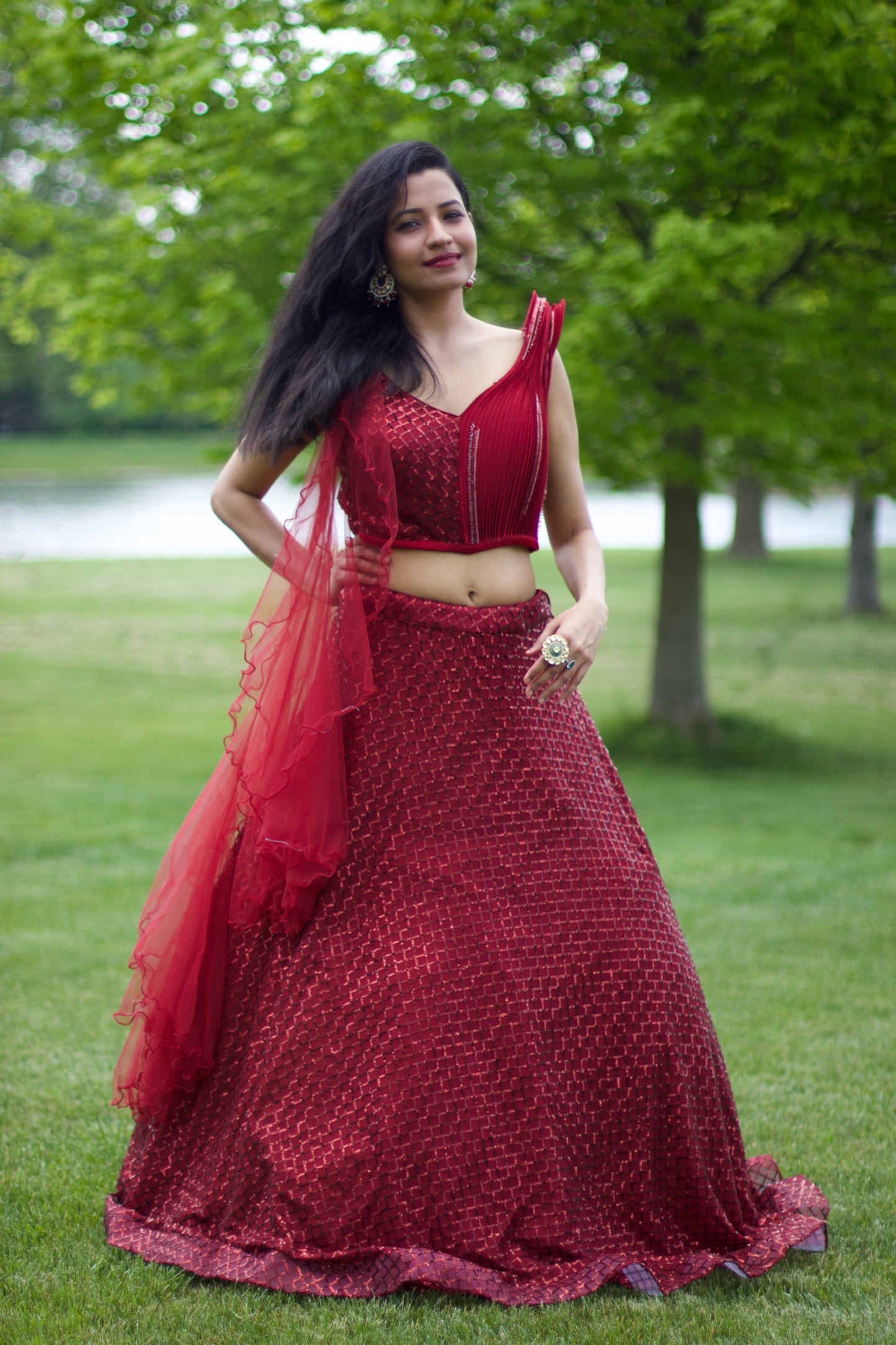 marroon, séquence embroidered, ruffled dupatta, designer blouse, net lehnga