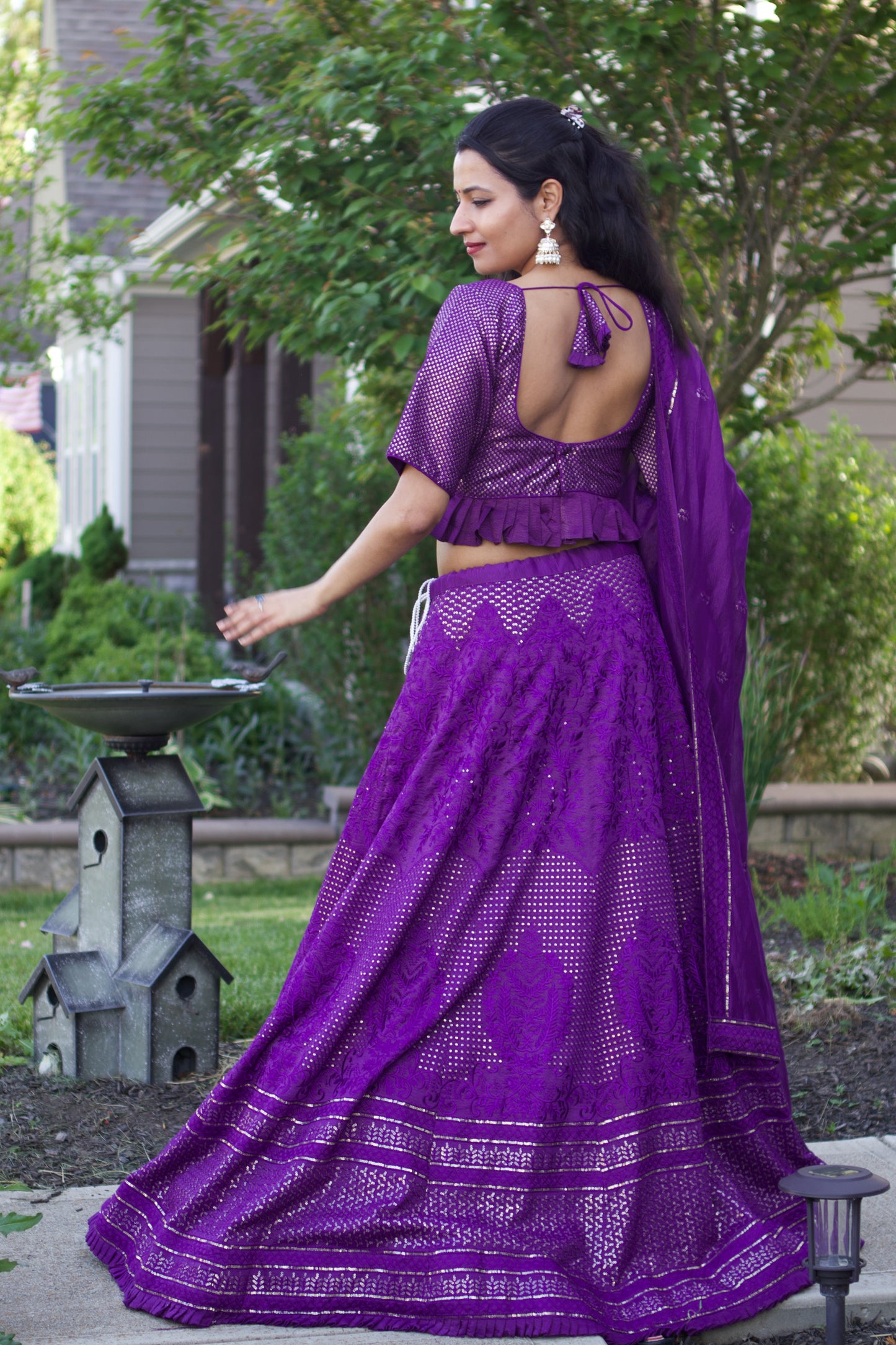 purple, lucknowi embroidered with sequence work, peplum blouse, georgette lehnga