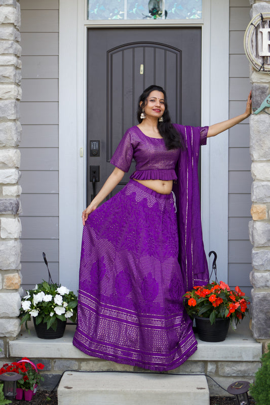 Purple, Lucknowi Embroidered with Sequence work, Peplum blouse, Georgette Lehnga