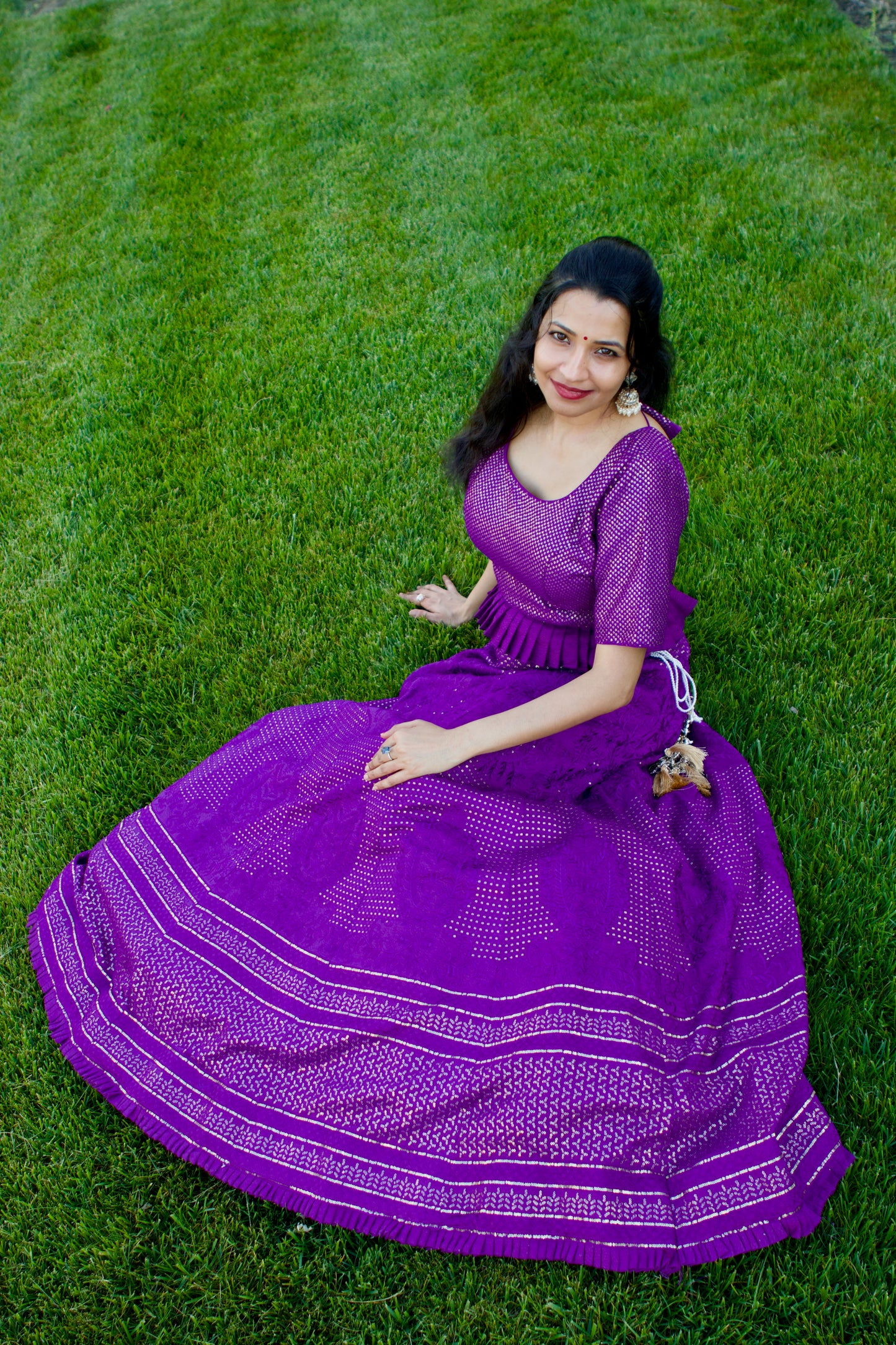 purple, lucknowi embroidered with sequence work, peplum blouse, georgette lehnga