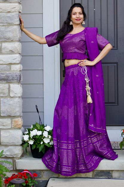 Purple, Lucknowi Embroidered with Sequence work, Peplum blouse, Georgette Lehnga