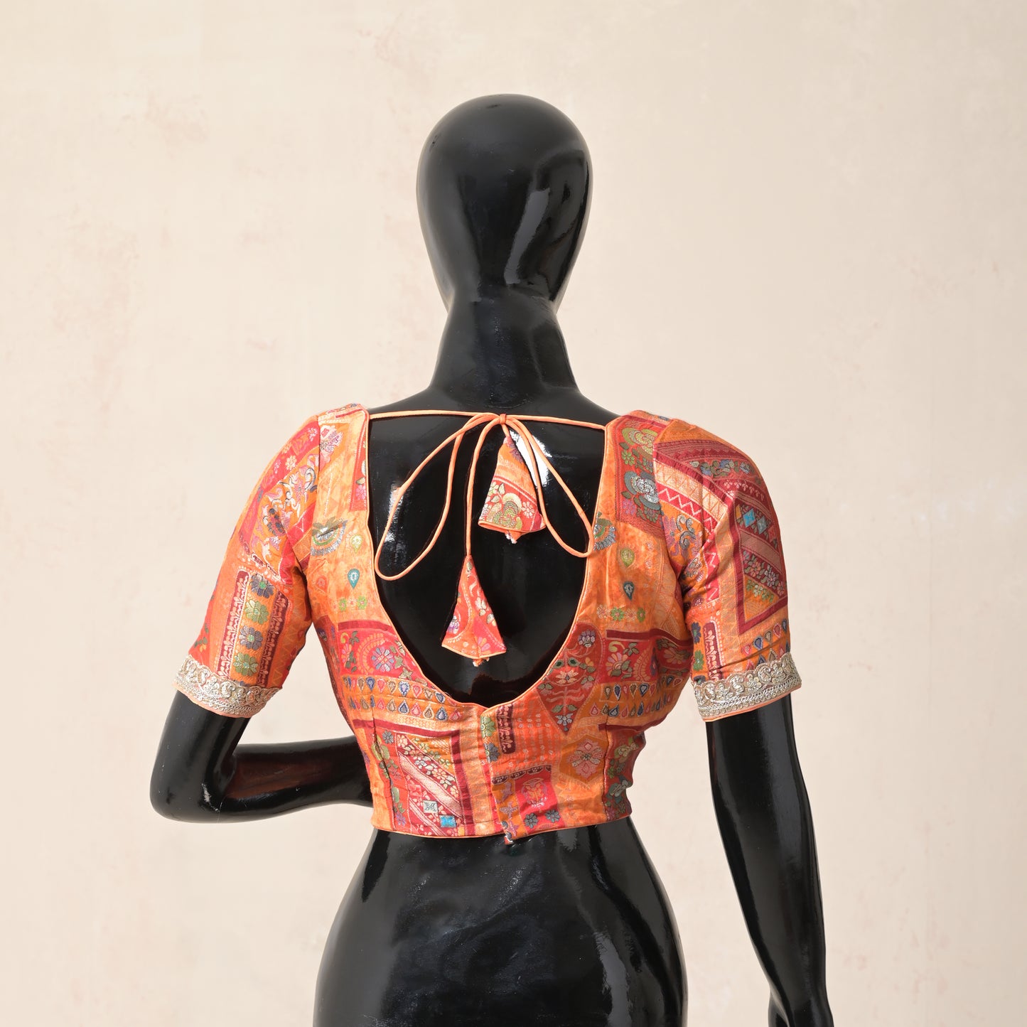 orange, abstract print, zari border, orange, brocade silk, blouse