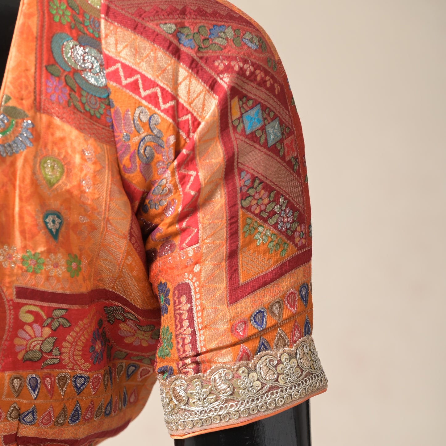 orange, abstract print, zari border, orange, brocade silk, blouse