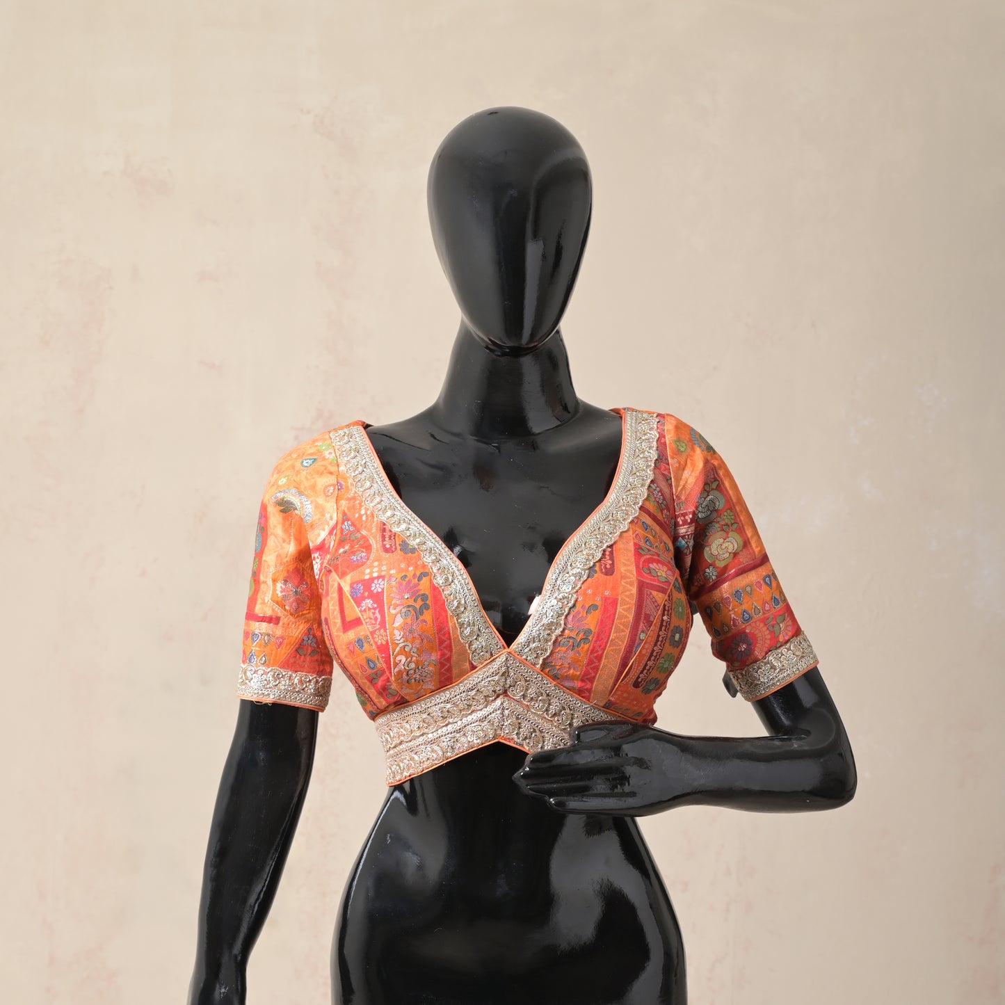 orange, abstract print, zari border, orange, brocade silk, blouse