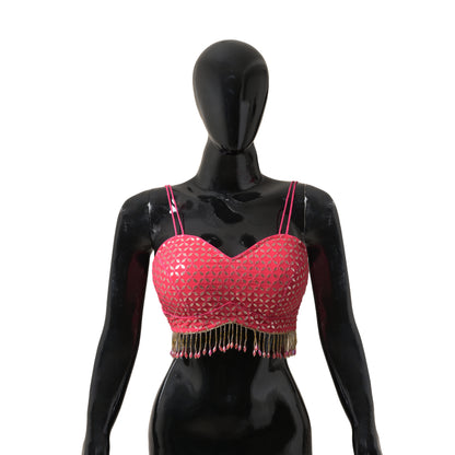 Hot Pink, Crop Top with Beads, Gota Patti Work, Viscose Georgette Blouse