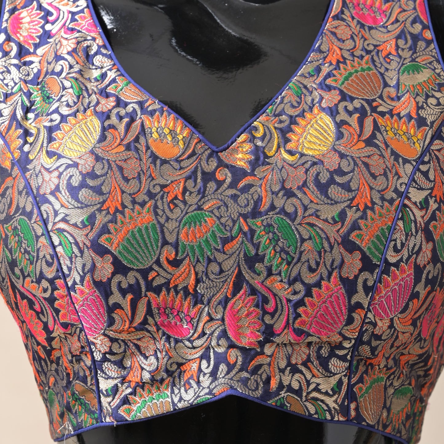 benarasi silk, floral brocade work, blue, blouse