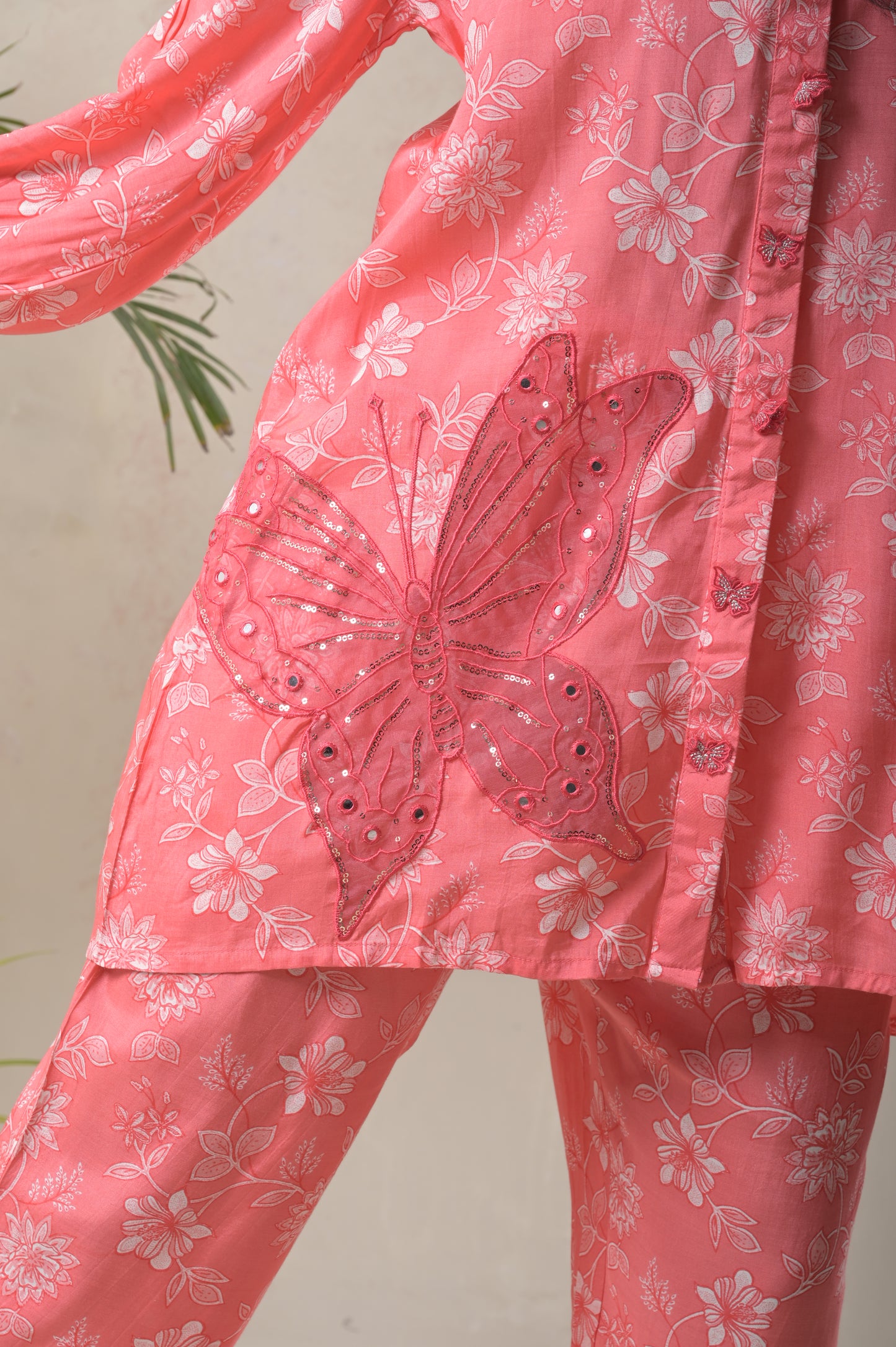 peach, muslin,floral & embroidered appliqué work ,co-ord set