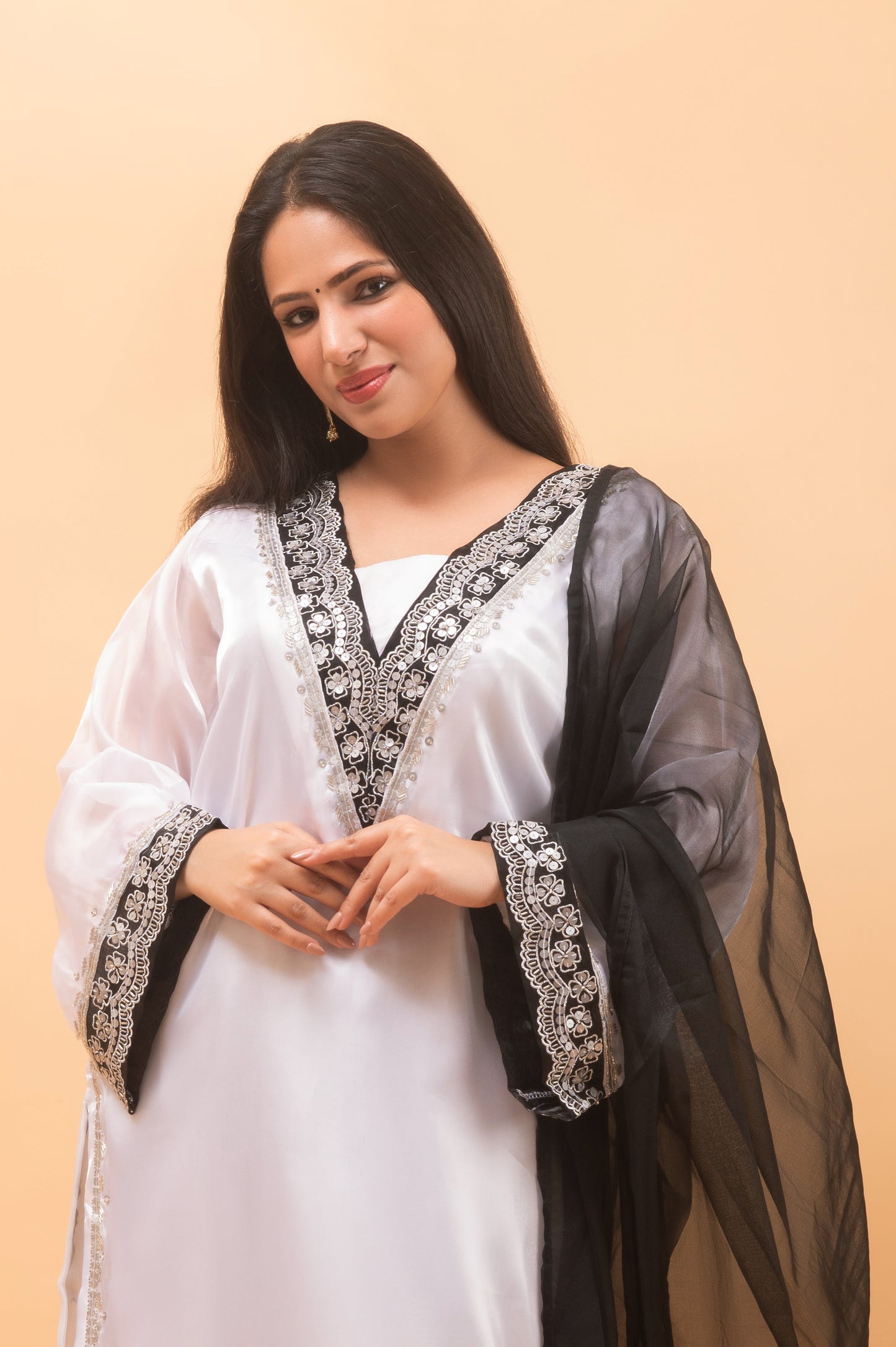 white n black hand-embroidered organza occasion-wear suit