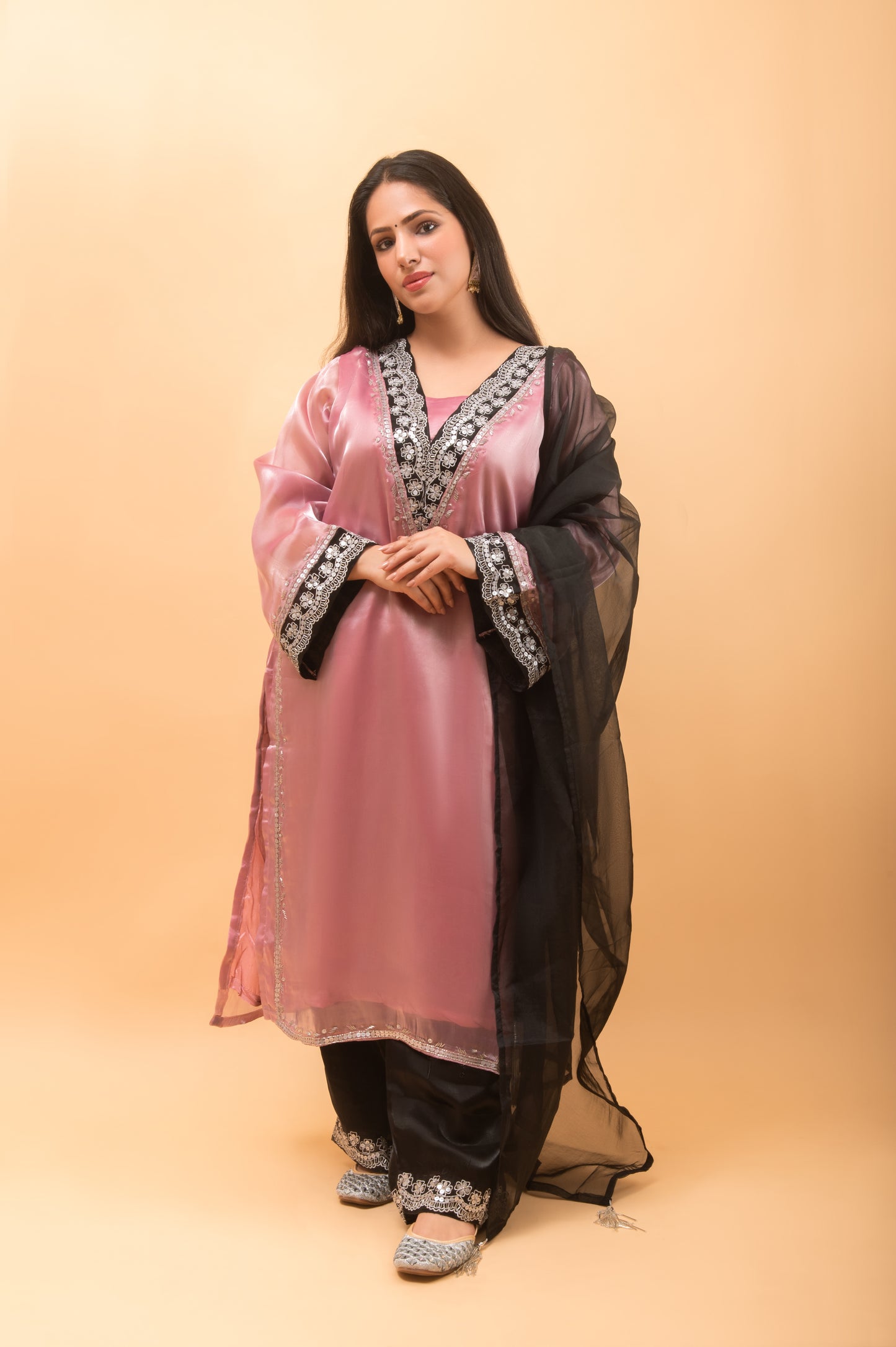 onion-pink n black hand-embroidered organza occasion-wear suit