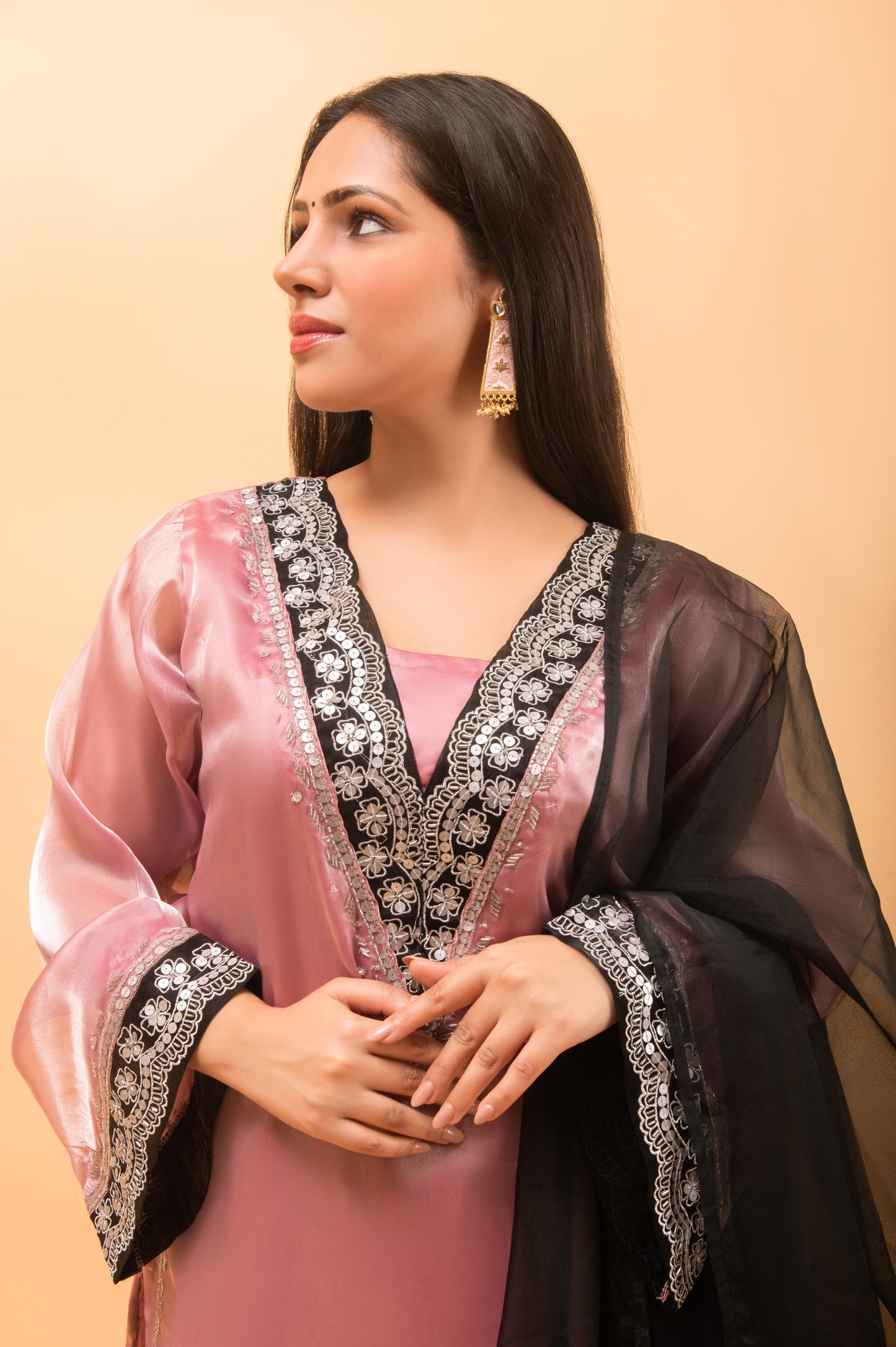 onion-pink n black hand-embroidered organza occasion-wear suit