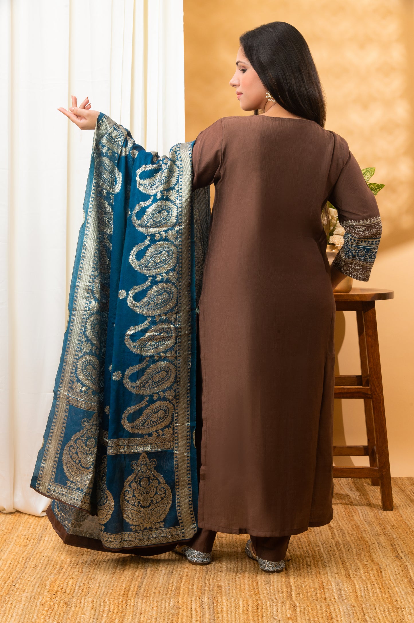 brown n blue zari embroidered silk ethnic-wear suit