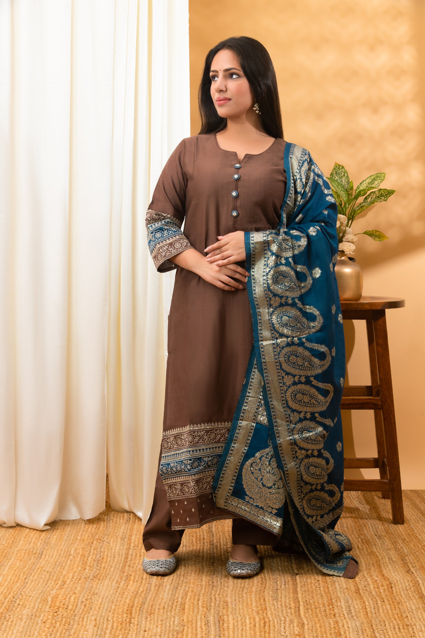 brown n blue zari embroidered silk ethnic-wear suit