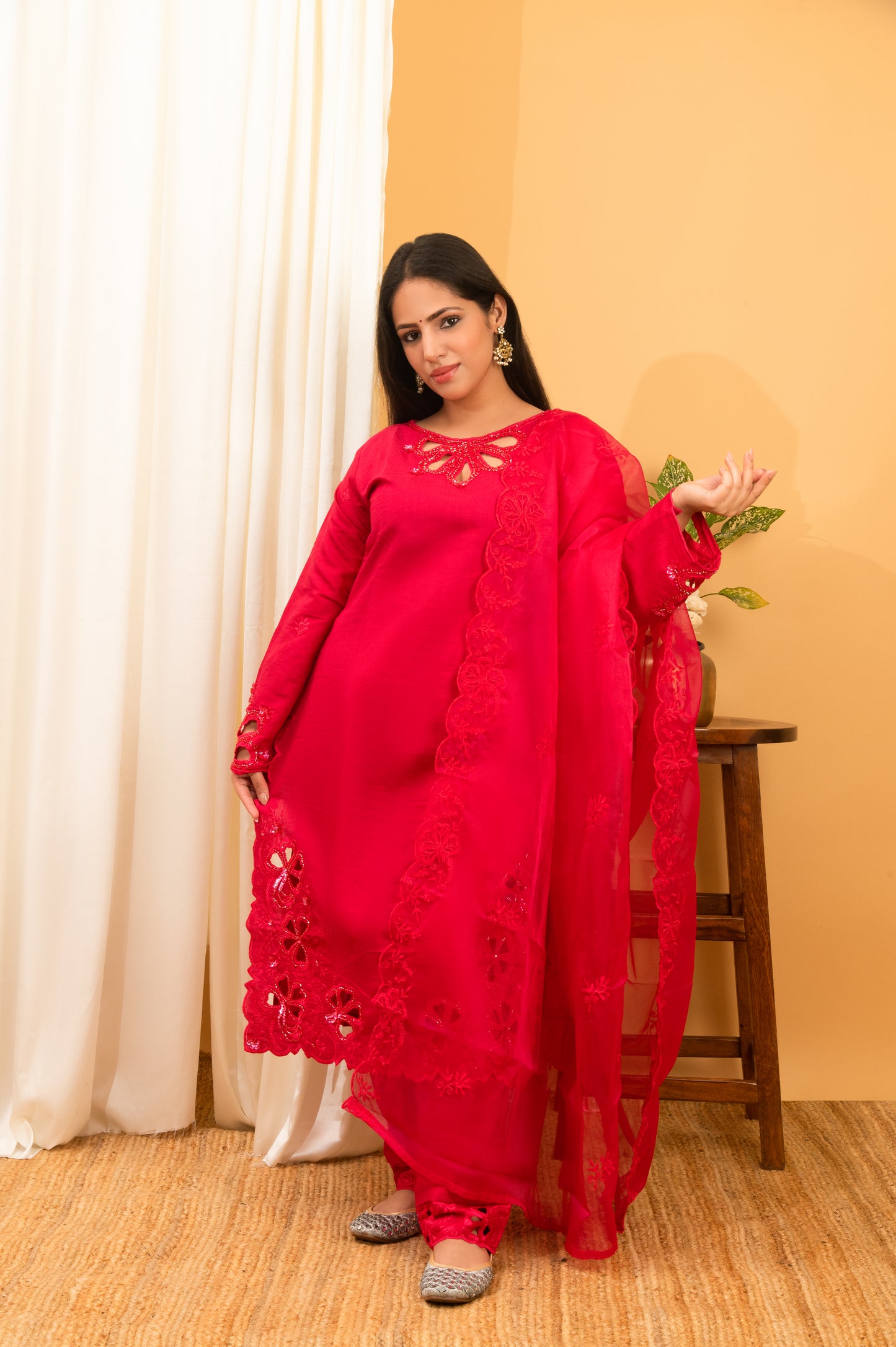 hot-pink cutwork embroidered silk festive-wear suit