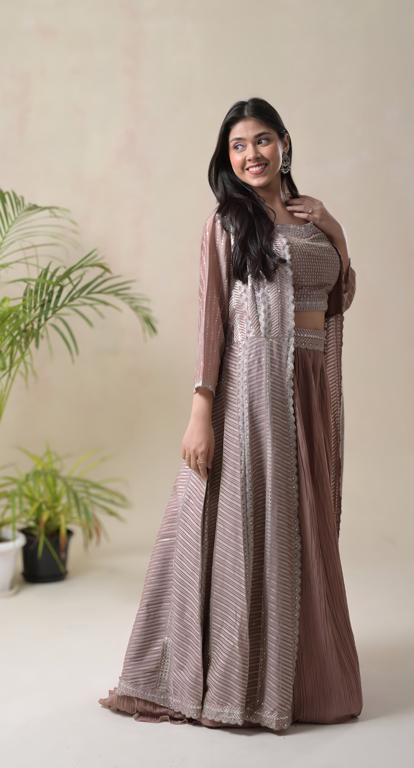 blush brown, skirt, crop top, long cape, zari & sequins embroidery, chinon  dress