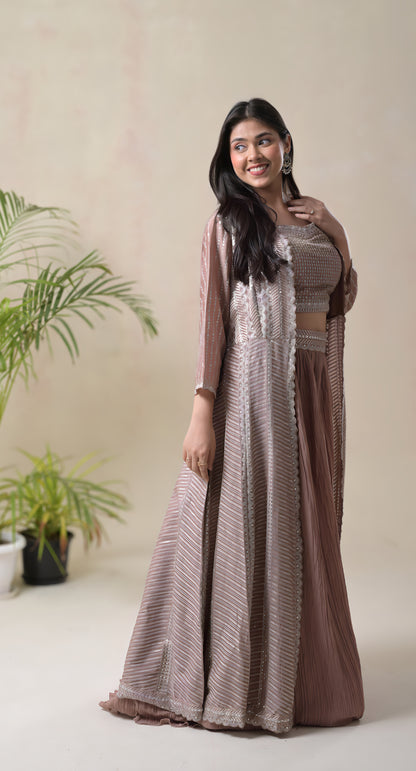 Blush Brown, Skirt, Crop Top, Long Cape, Zari & Sequins Embroidery, Chinon  Dress