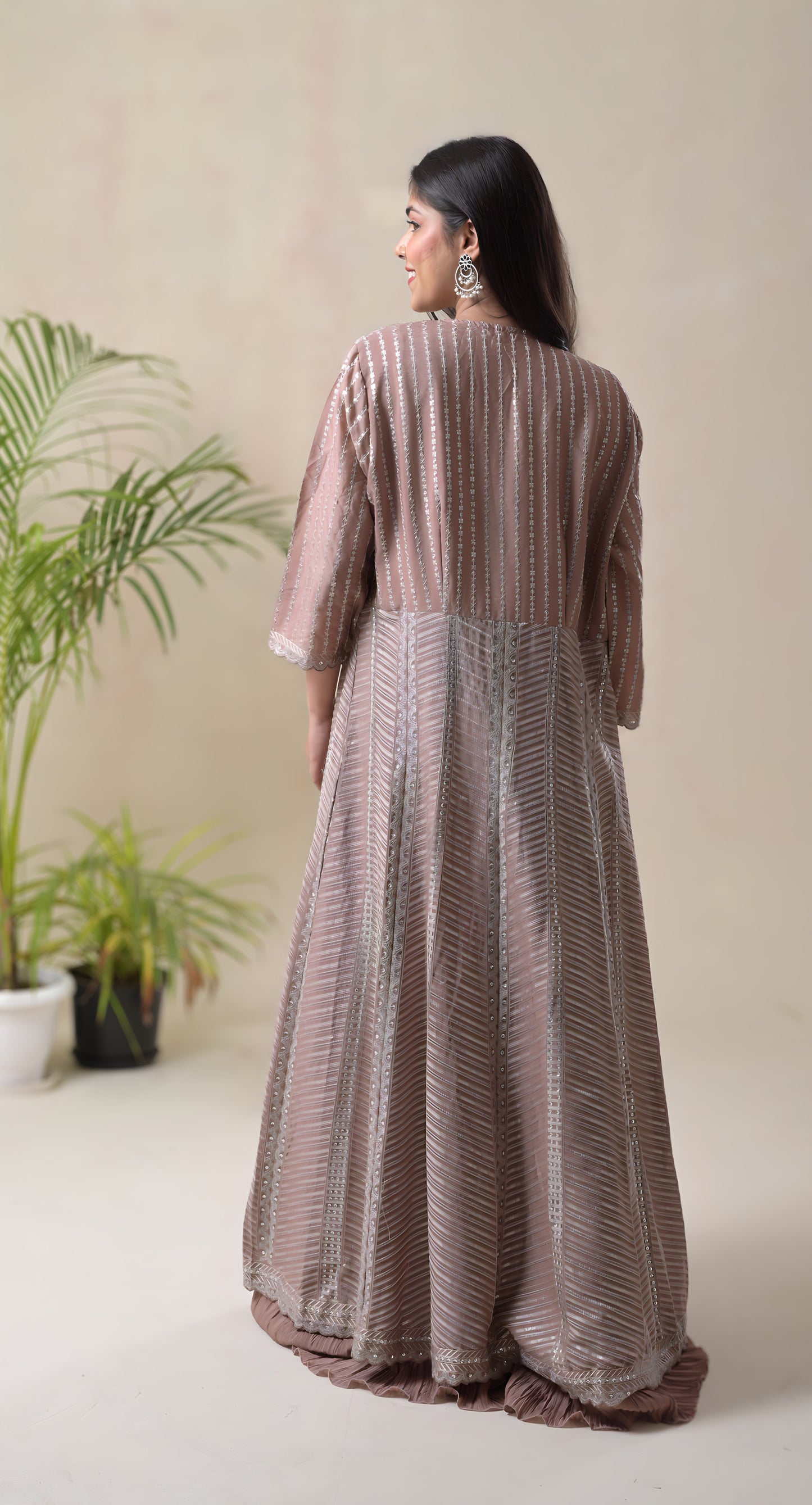 blush brown, skirt, crop top, long cape, zari & sequins embroidery, chinon  dress