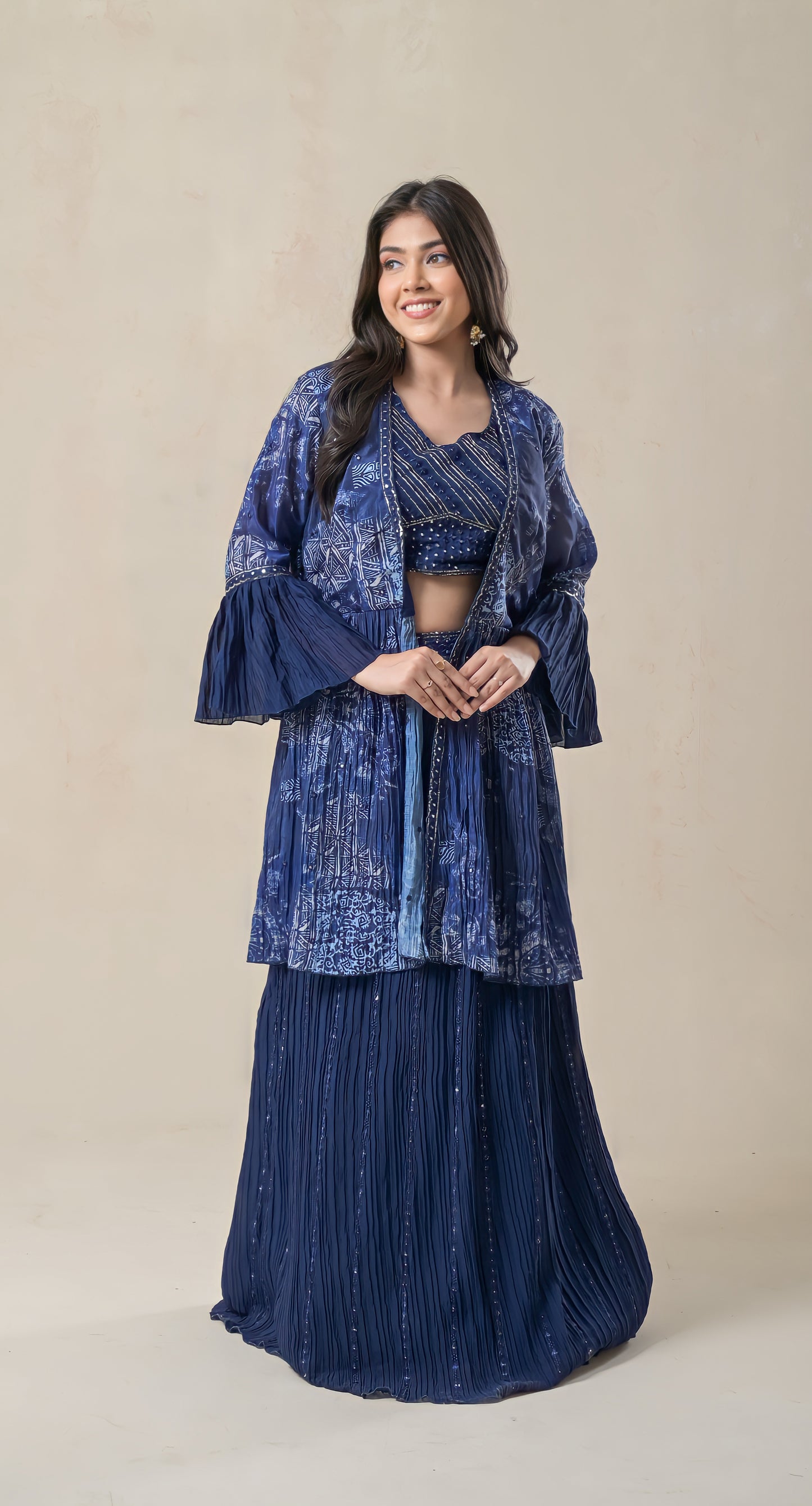 blue, skirt, short top & cape, zari work, georgette, dress