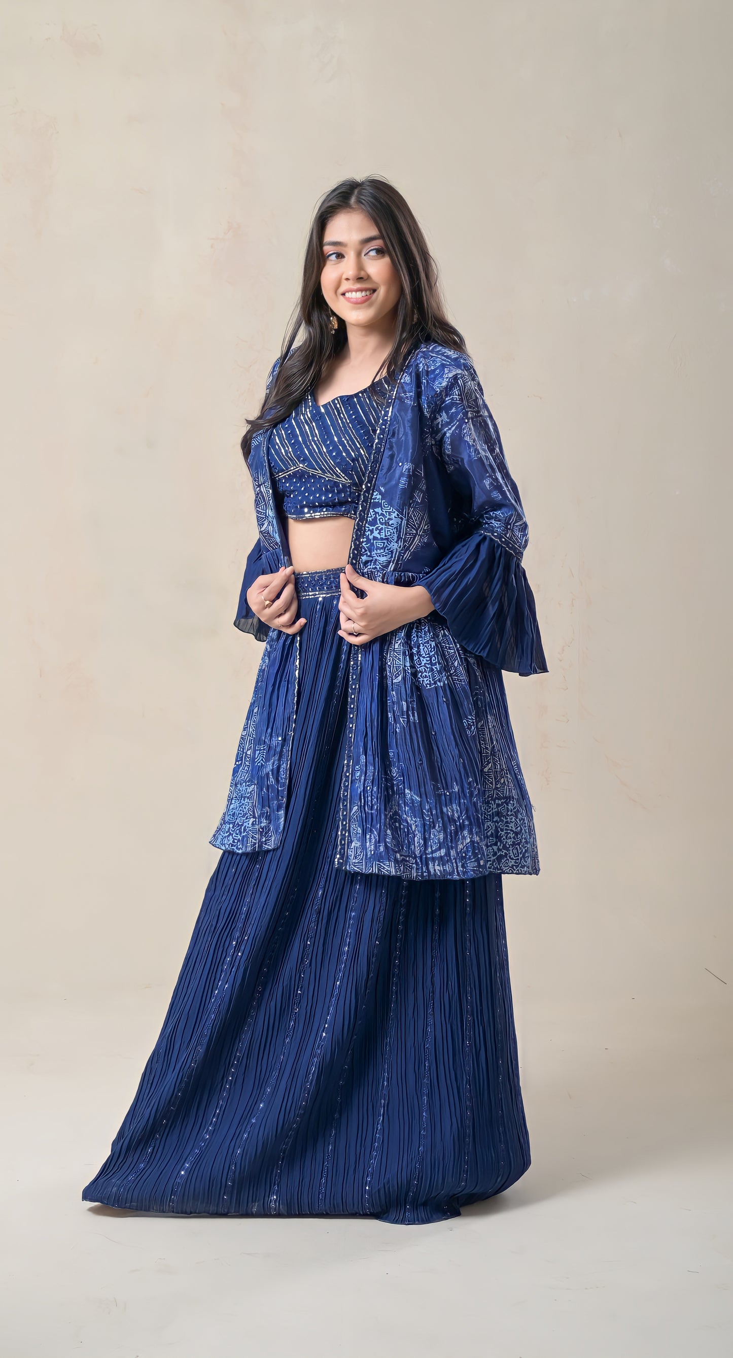 blue, skirt, short top & cape, zari work, georgette, dress