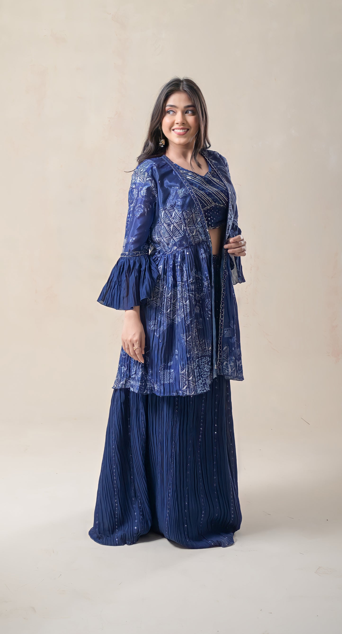 blue, skirt, short top & cape, zari work, georgette, dress