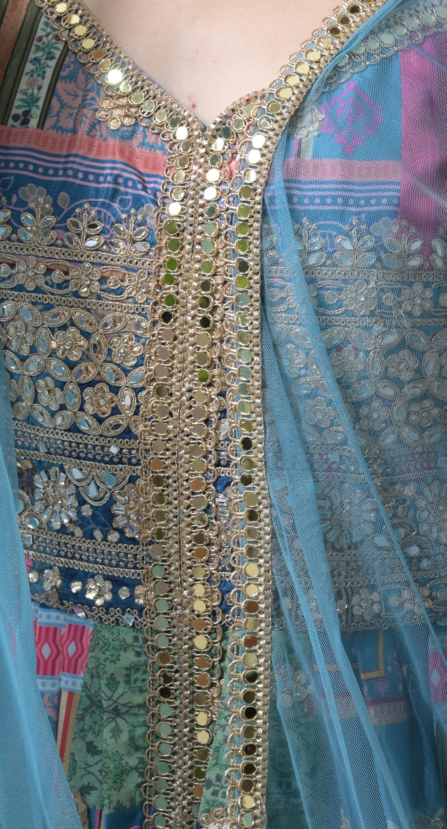 light blue, multicolor printing , gota patti, embroidered, crepe gown