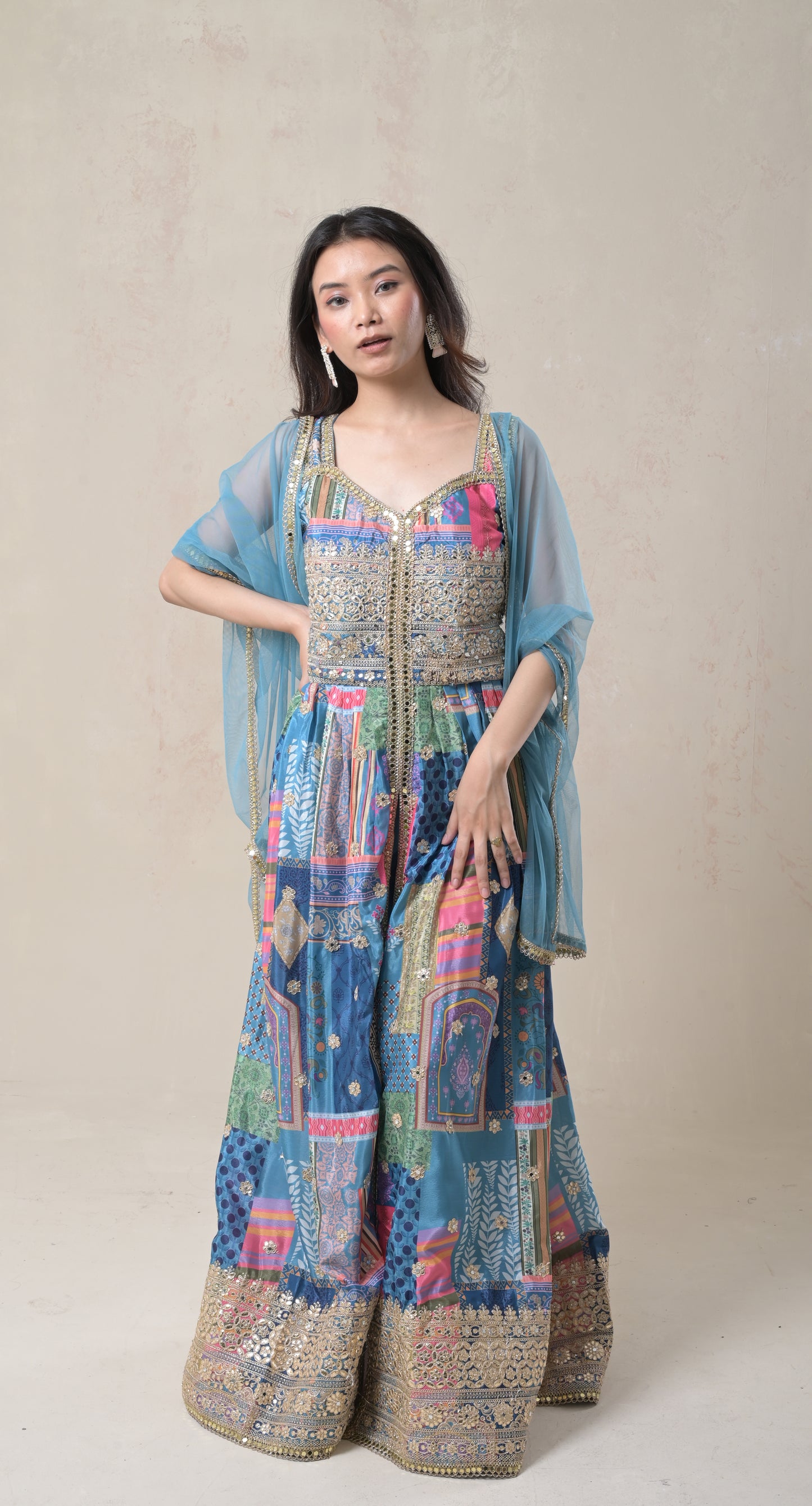 light blue, multicolor printing , gota patti, embroidered, crepe gown