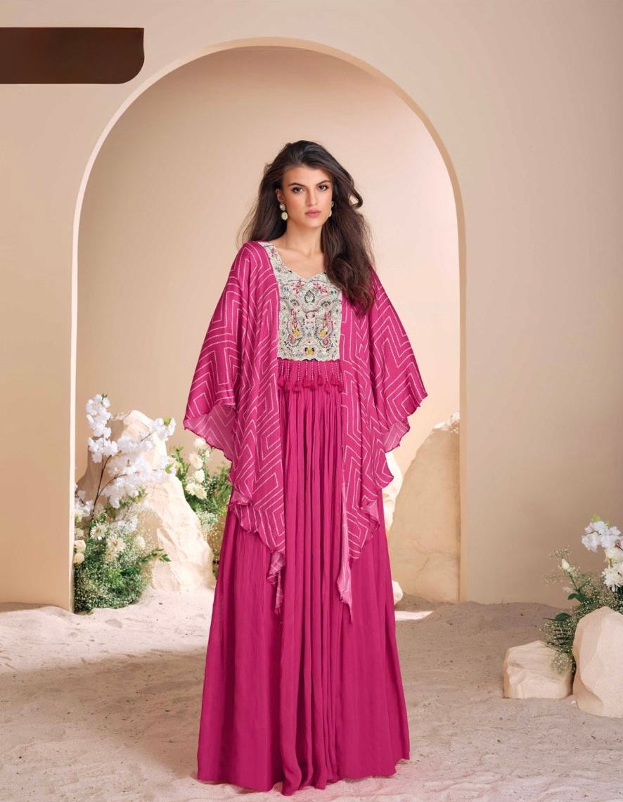 hot-pink hand-embroidered chinon silk cape style sleeves wedding-wear gown