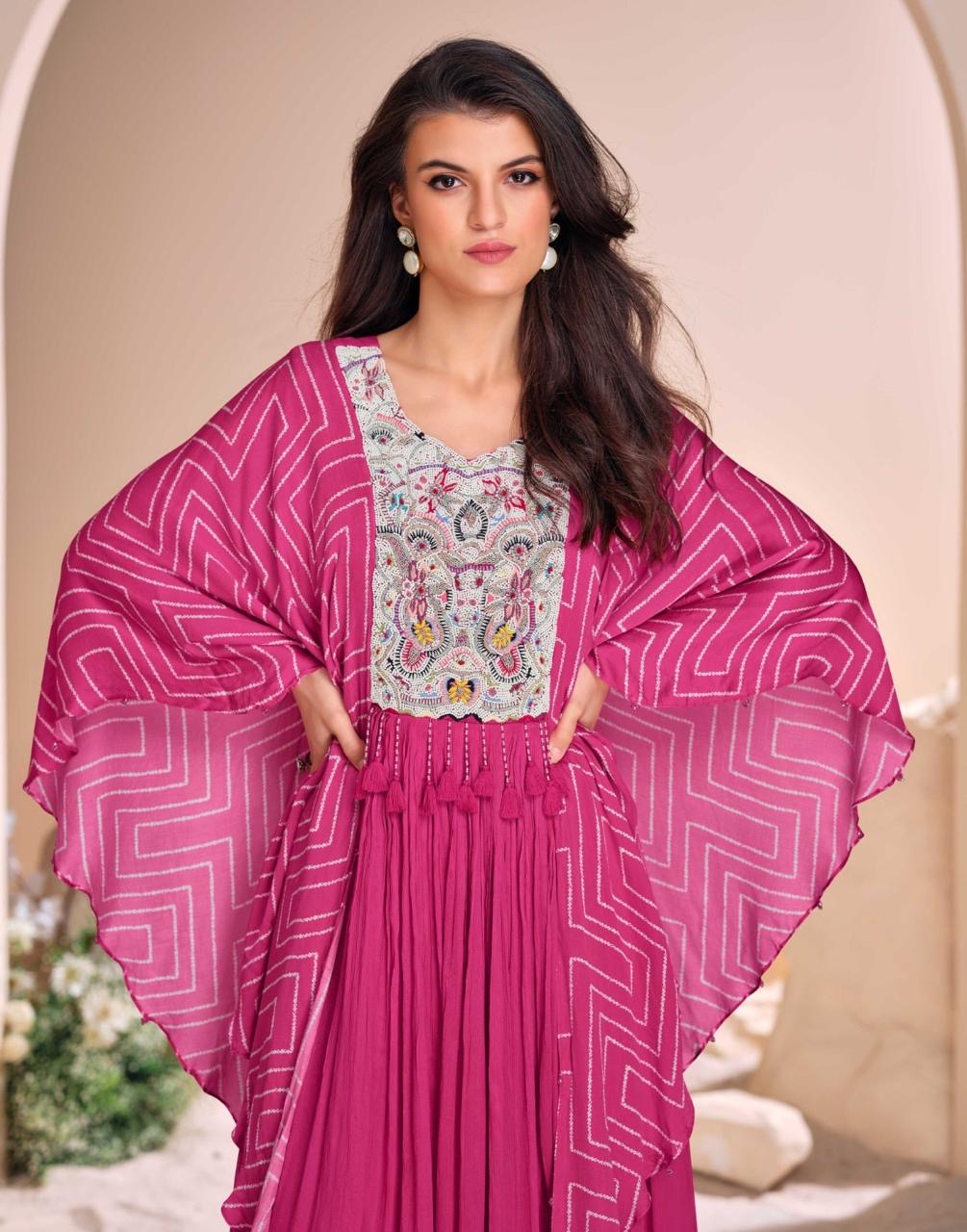 hot-pink hand-embroidered chinon silk cape style sleeves wedding-wear gown