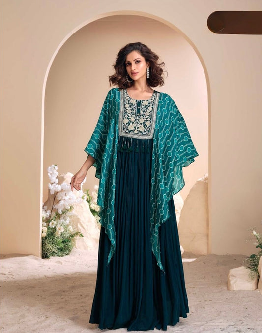 Green Hand-Embroidered Cape Style Sleeves Wedding-Wear Chinon Silk Gown