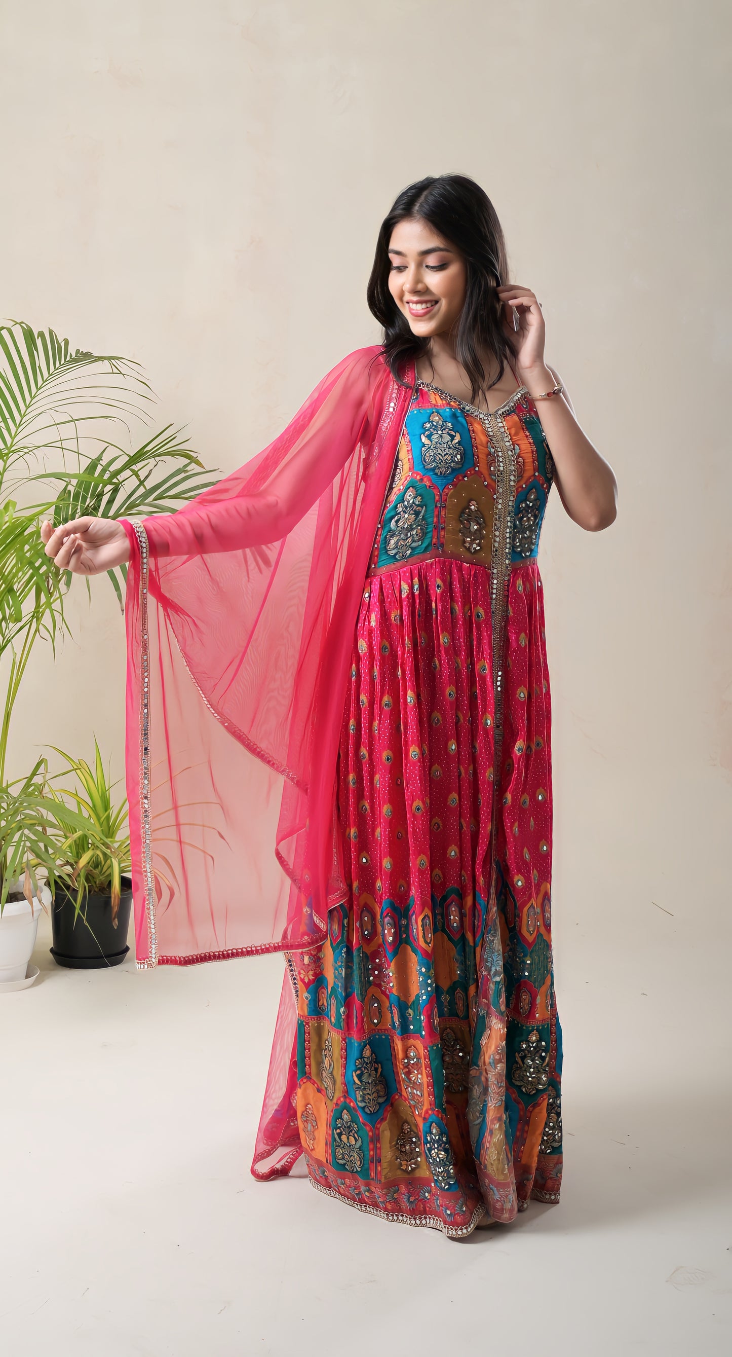 hot pink, georgette, benarasi pattern, mirror & lace work gown.