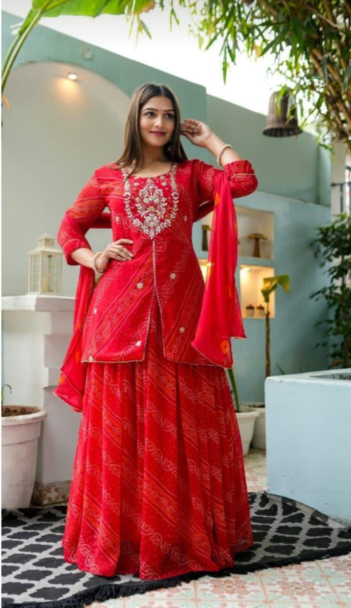 red bandhej skirt, kurti with tie-dye dupatta