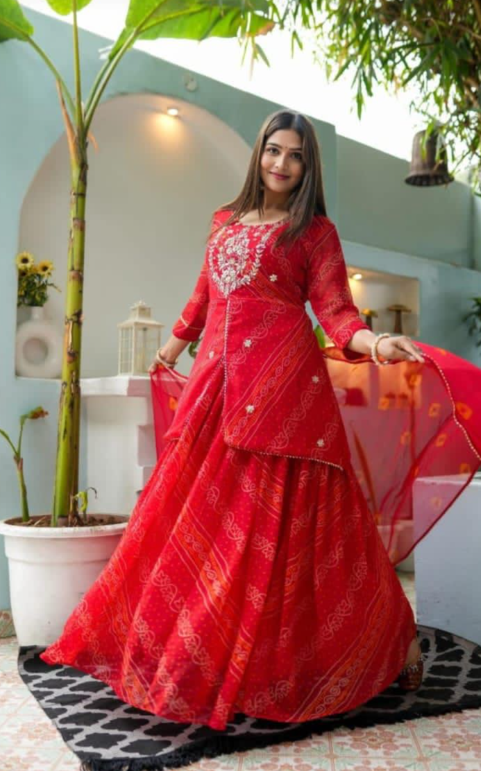 red bandhej skirt, kurti with tie-dye dupatta