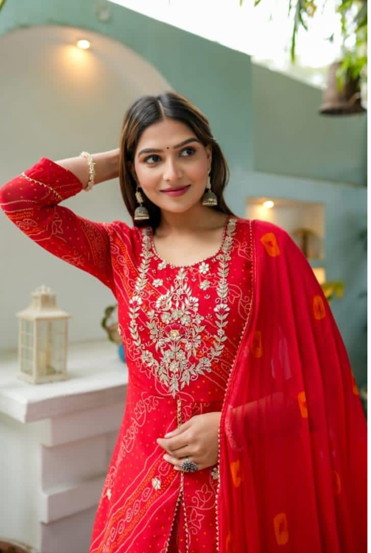 red bandhej skirt, kurti with tie-dye dupatta