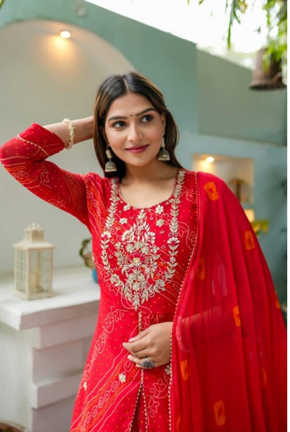 Red Bandhej Skirt, Kurti with Tie-Dye Dupatta